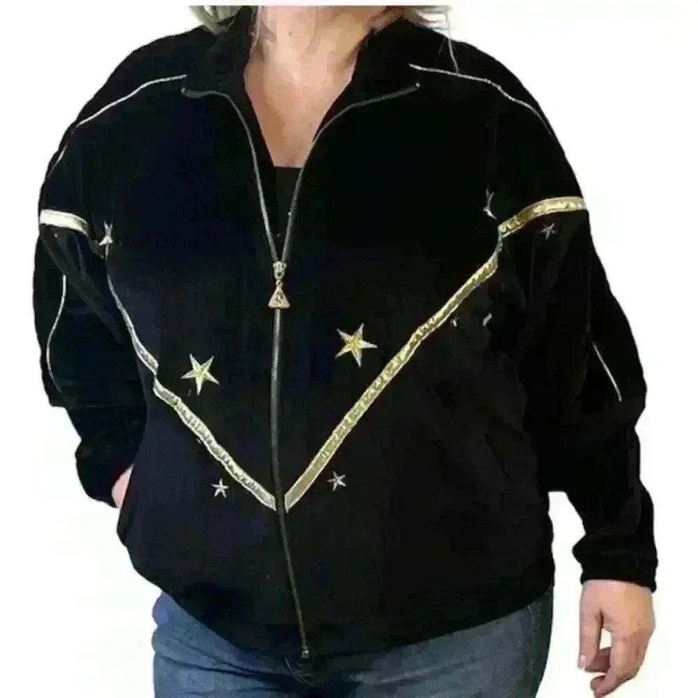 Euro Joy Vintage Velvet Velour Black Jacket Embroidered Gold Stars Size Small